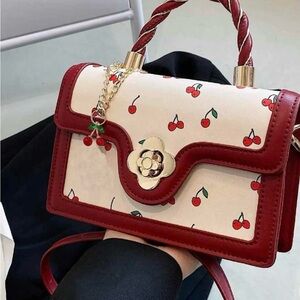 Red and Cream Mini Bag with Cherry Print and Braided Handle